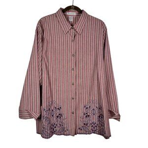 Maggie & Max Womens Striped Button Down Shirt With Embroidered Hem SZ 2XL